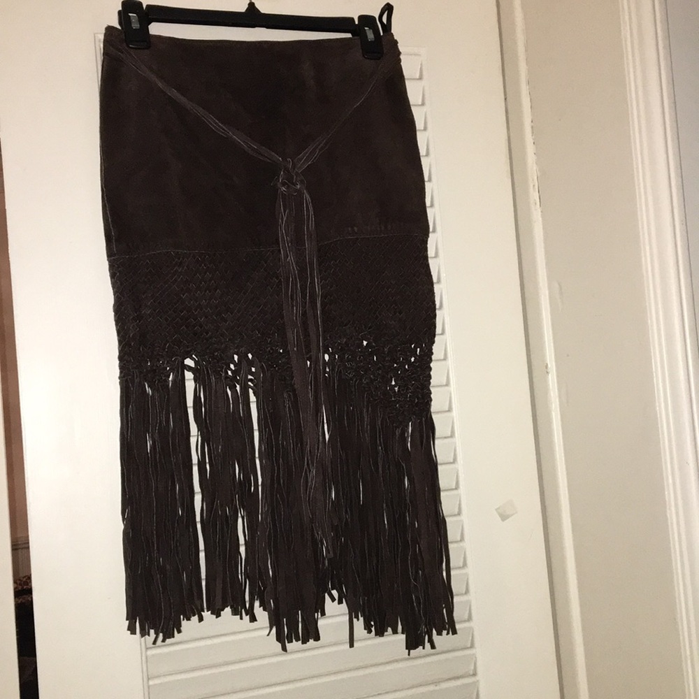 Bebe Brown Suede Fringe Skirt